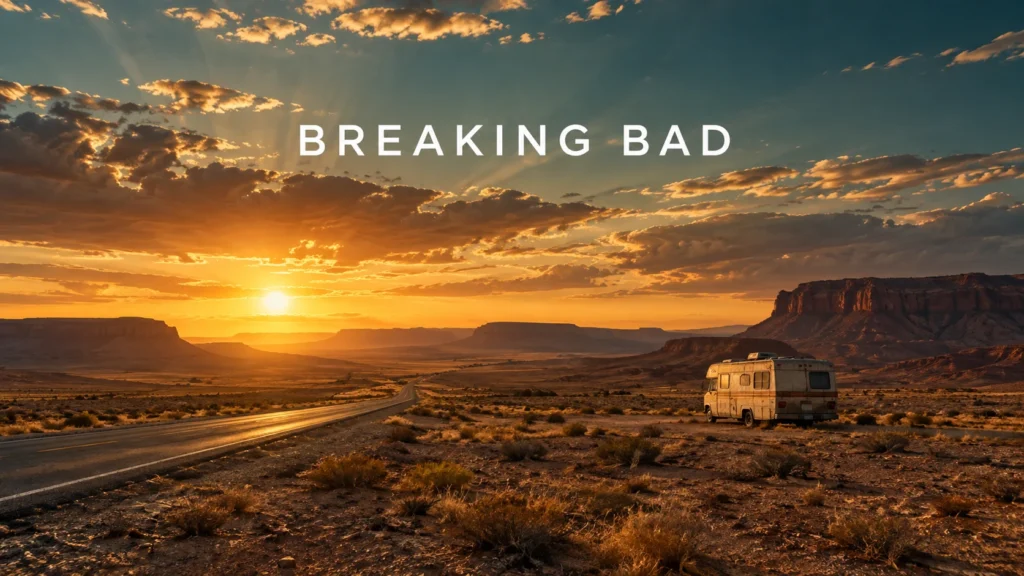 Illustration générée par IA : route désertique et camping-car évoquant Breaking Bad