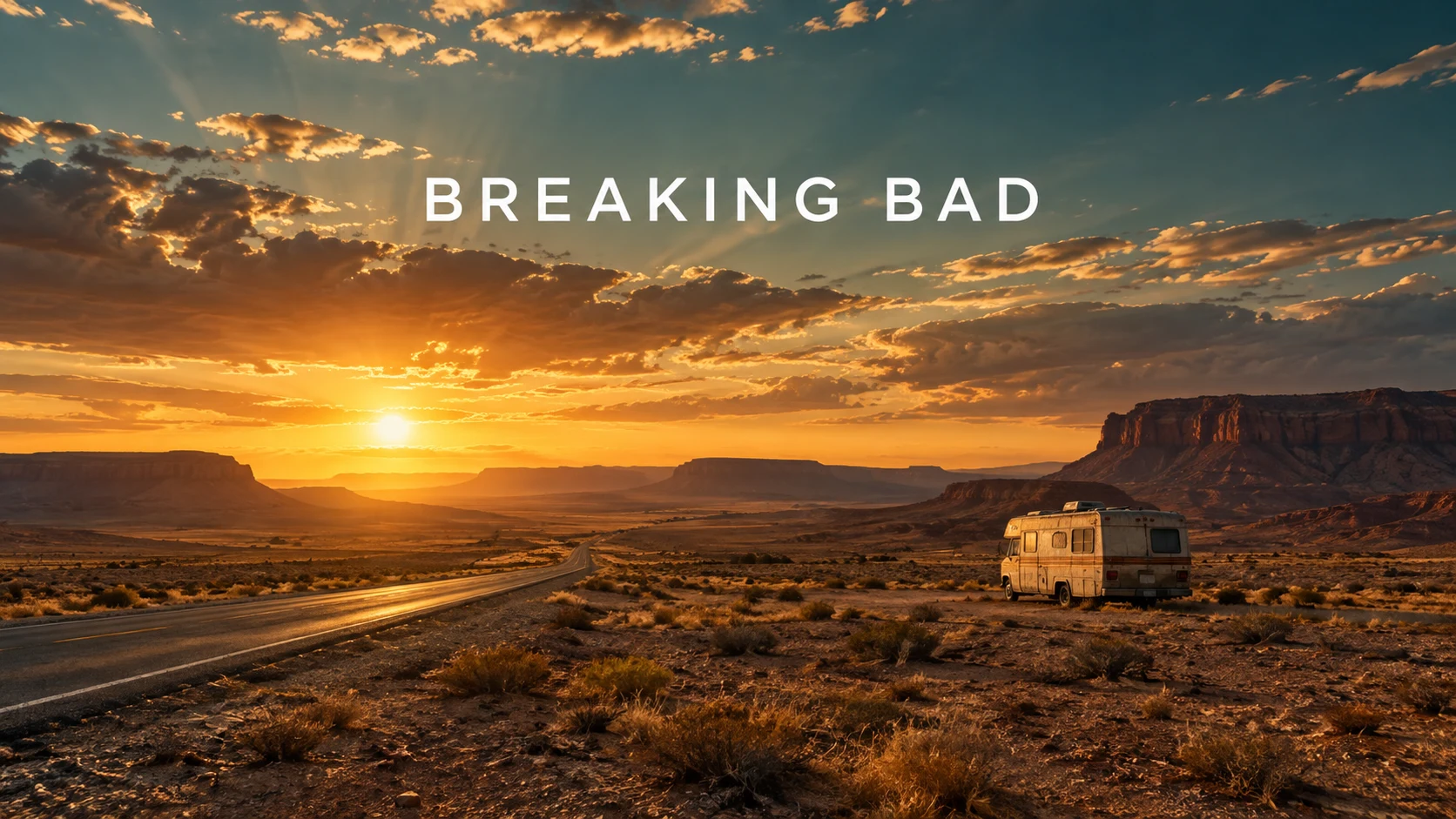 Illustration générée par IA : route désertique et camping-car évoquant Breaking Bad
