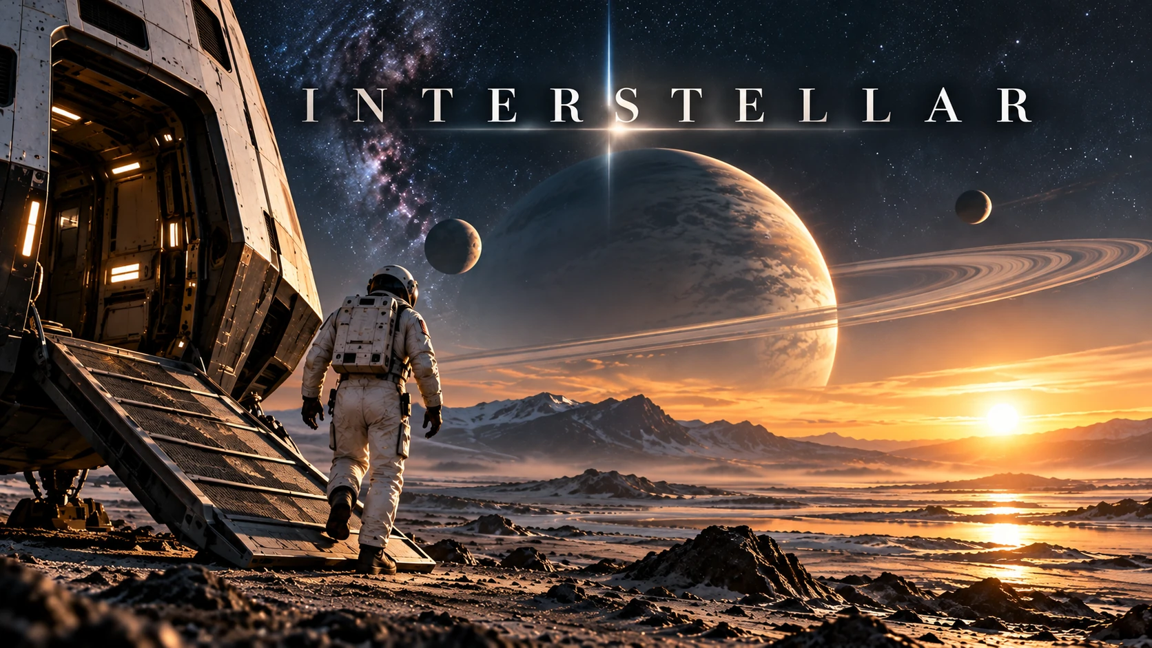 Image d’illustration générée par IA pour Interstellar : astronaute devant un paysage spatial.