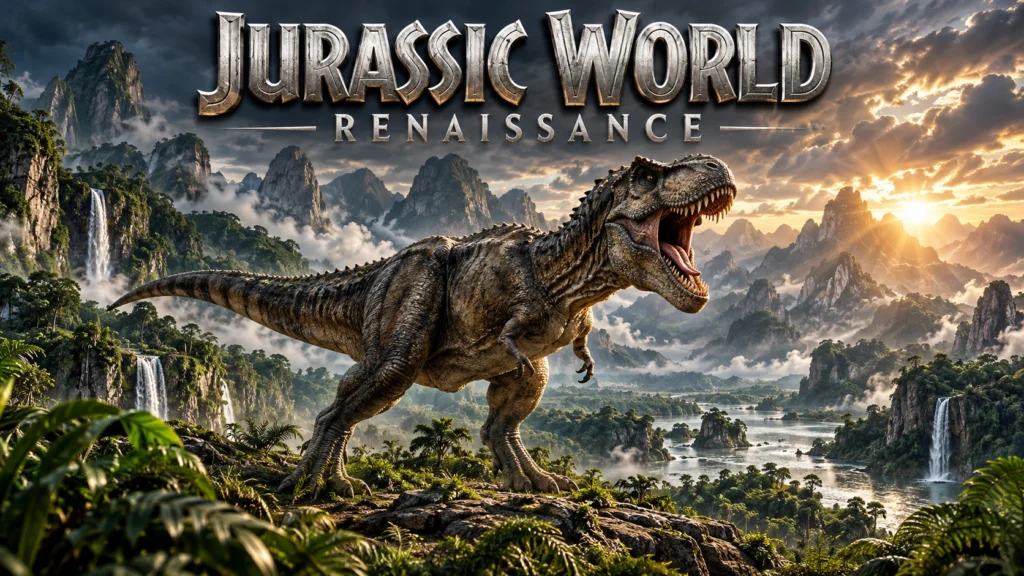 Illustration générée par IA : dinosaure dans une vallée tropicale pour Jurassic World : Renaissance