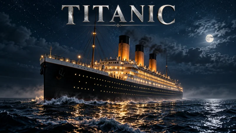 Illustration générée par IA d’un paquebot naviguant de nuit sur l’océan, pour le film Titanic